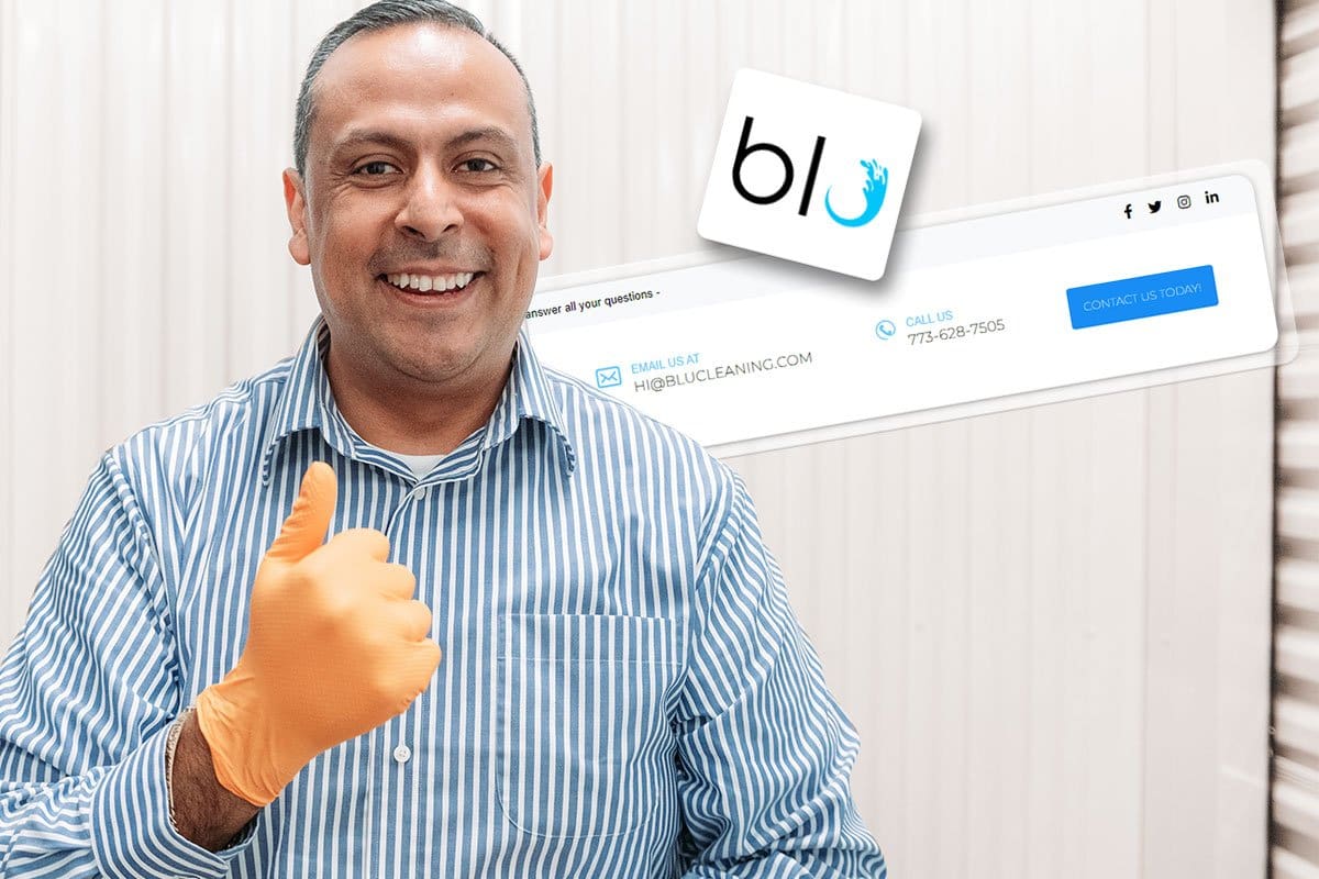 Cleaning Business Website 7-Step Guide 3 Concept showing how to put contact info on your own site, illustrated by Chris giving a thumbs up with Blu Cleaning’s logo and contact info floating over his shoulder