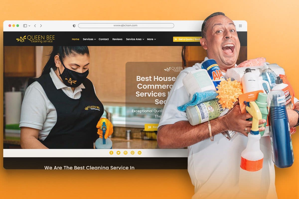 Cleaning Business Website 7-Step Guide 2 Queen Bee home page in background with Chris holding armful of cleaning supplies in the foreground