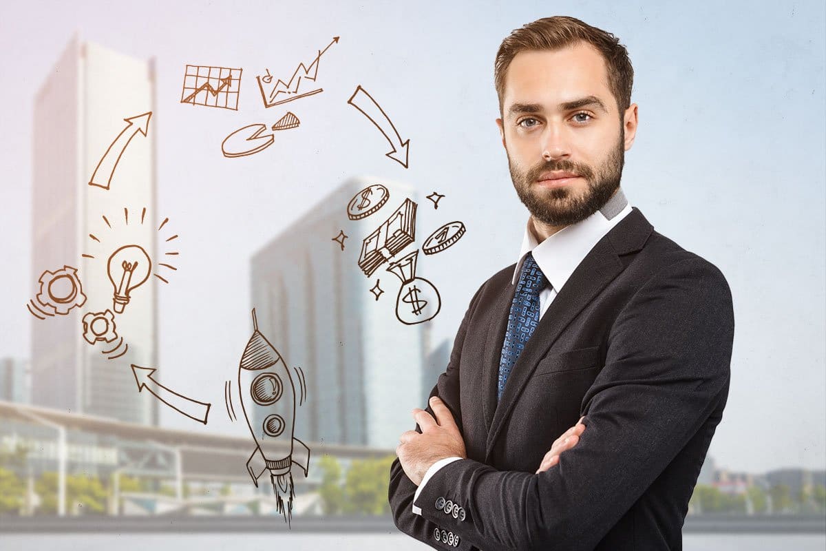 How to Become an Entrepreneur in 13 Steps 1 Smartly dressed man posing in front of city skyline