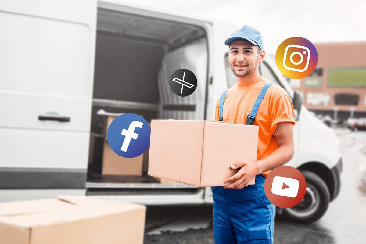 Man unloading boxes from a work van surrounded by social media icons including Facebook, X, Instagram, and YouTube