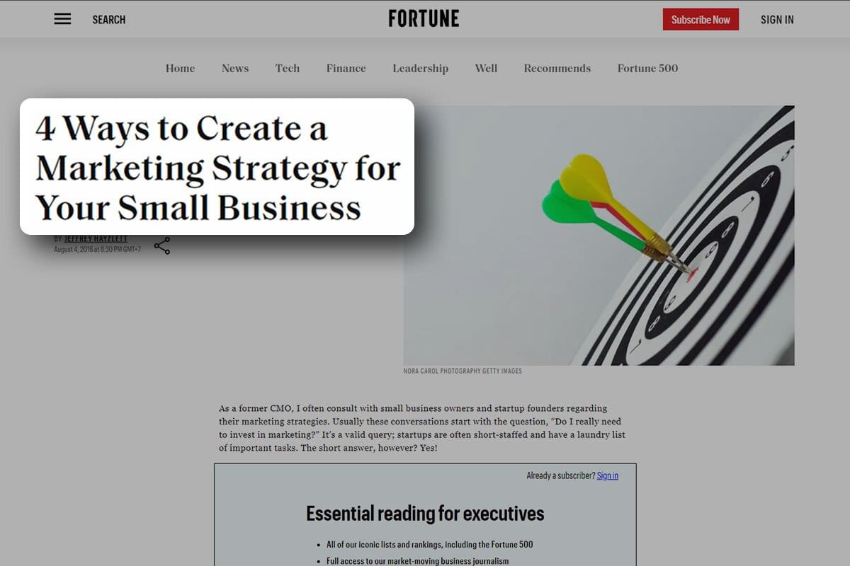 Screenshot of Fortune article on creating a marketing strategy for small business