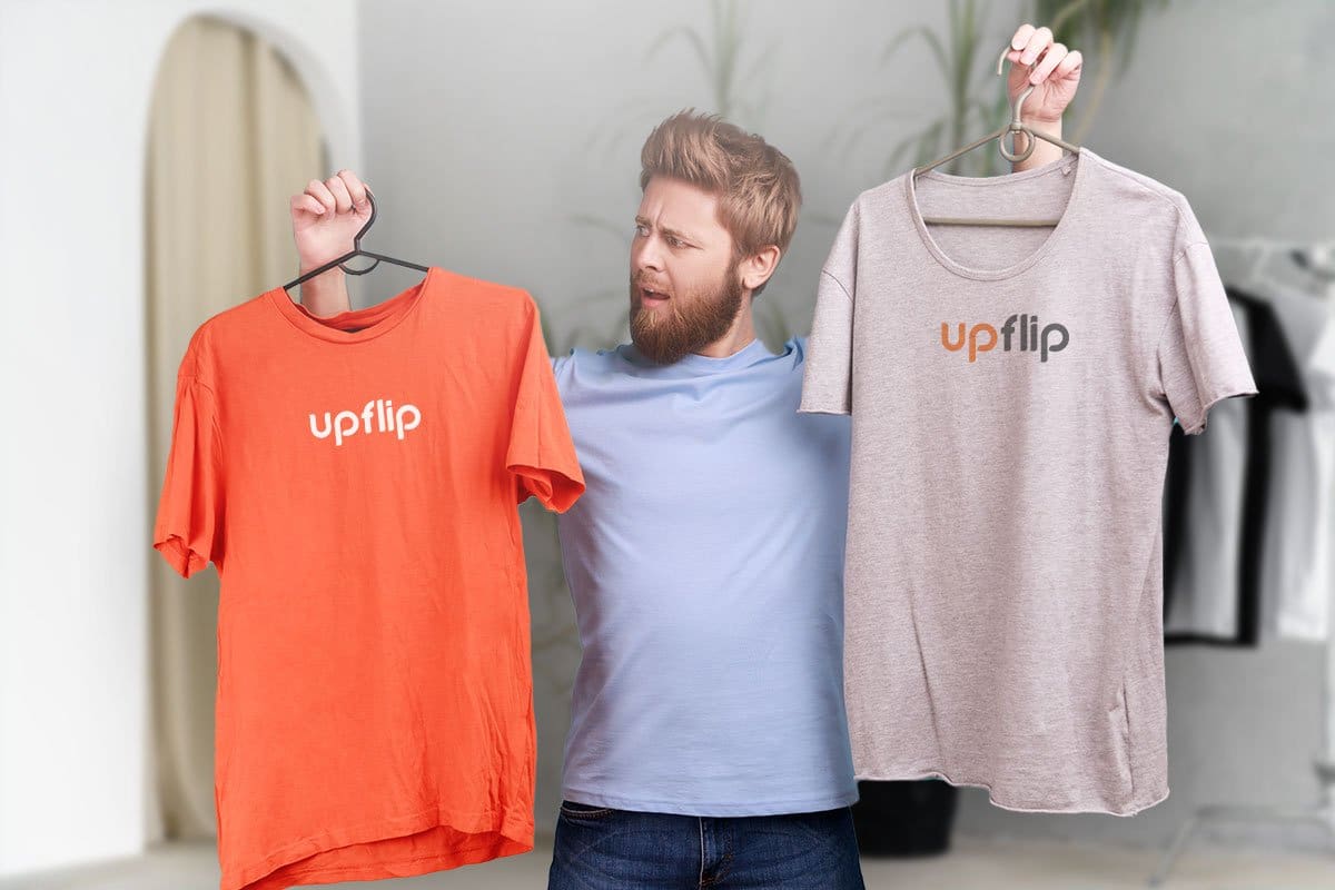 The 11 Best Print-on-Demand Companies of 2025 10 Man comparing the quality of two UpFlip t-shirts