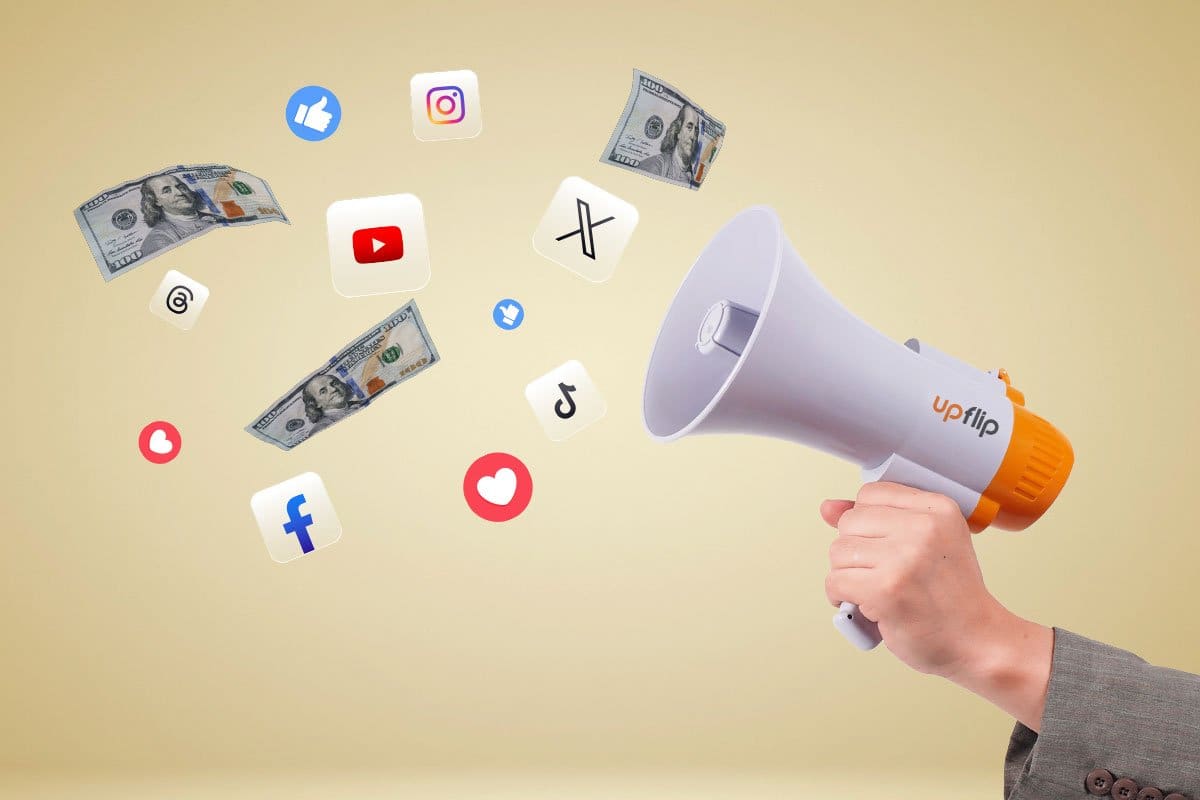 How to Become an Entrepreneur in 13 Steps 16 Hand holding a megaphone surrounded by cash and social media icons including Facebook, YouTube, Instagram, and X