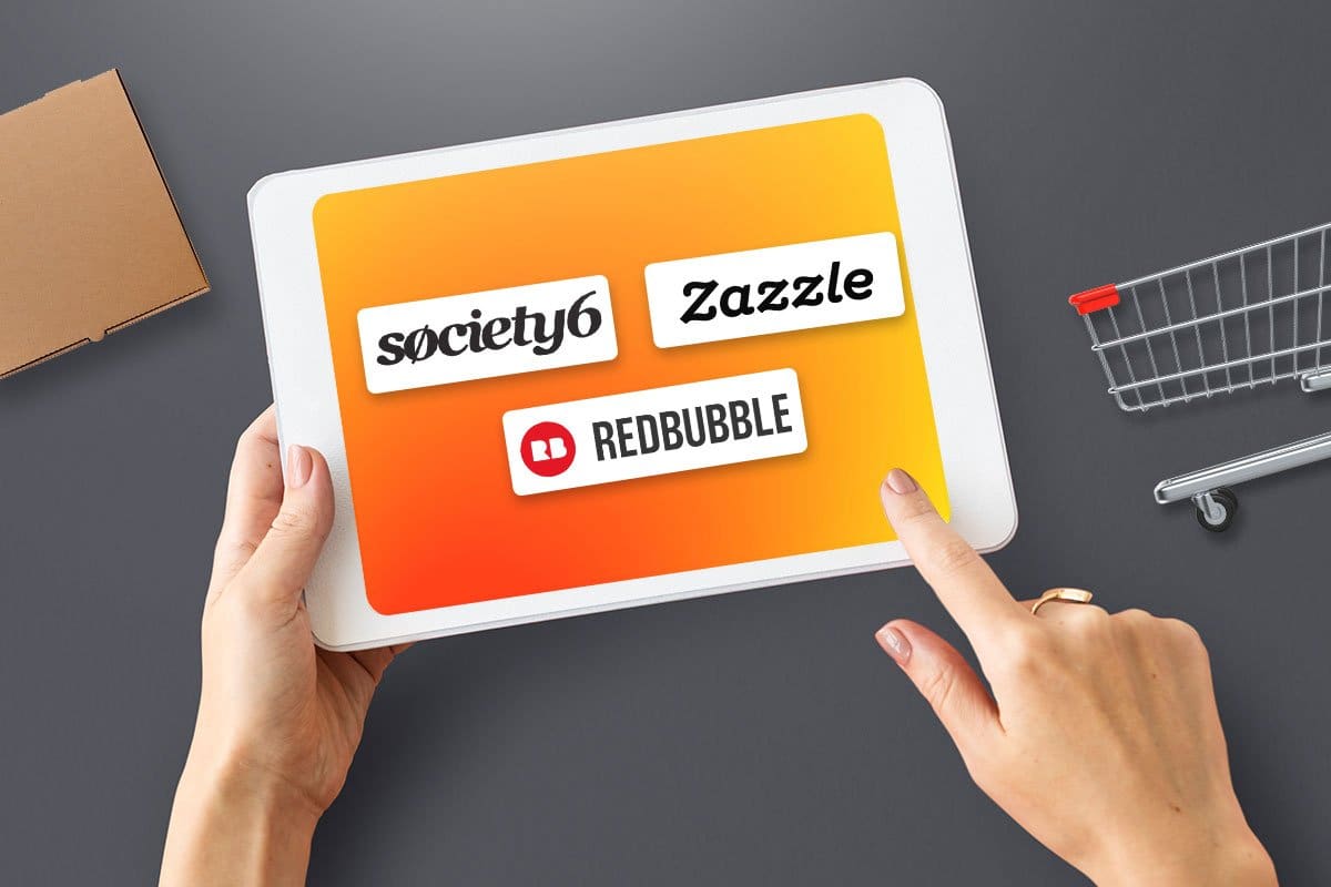 The 11 Best Print-on-Demand Companies of 2025 9 Woman looking at Society6, Zazzle, and Redbubble logos on a tablet