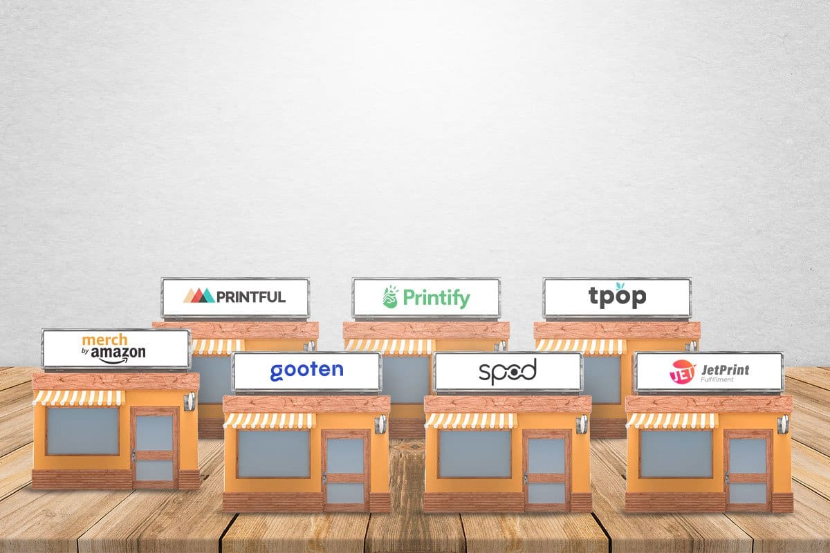 The 11 Best Print-on-Demand Companies of 2025 2 Concept of miniature storefronts representing merch by Amazon, gooten, JetPrint, and other POD companies