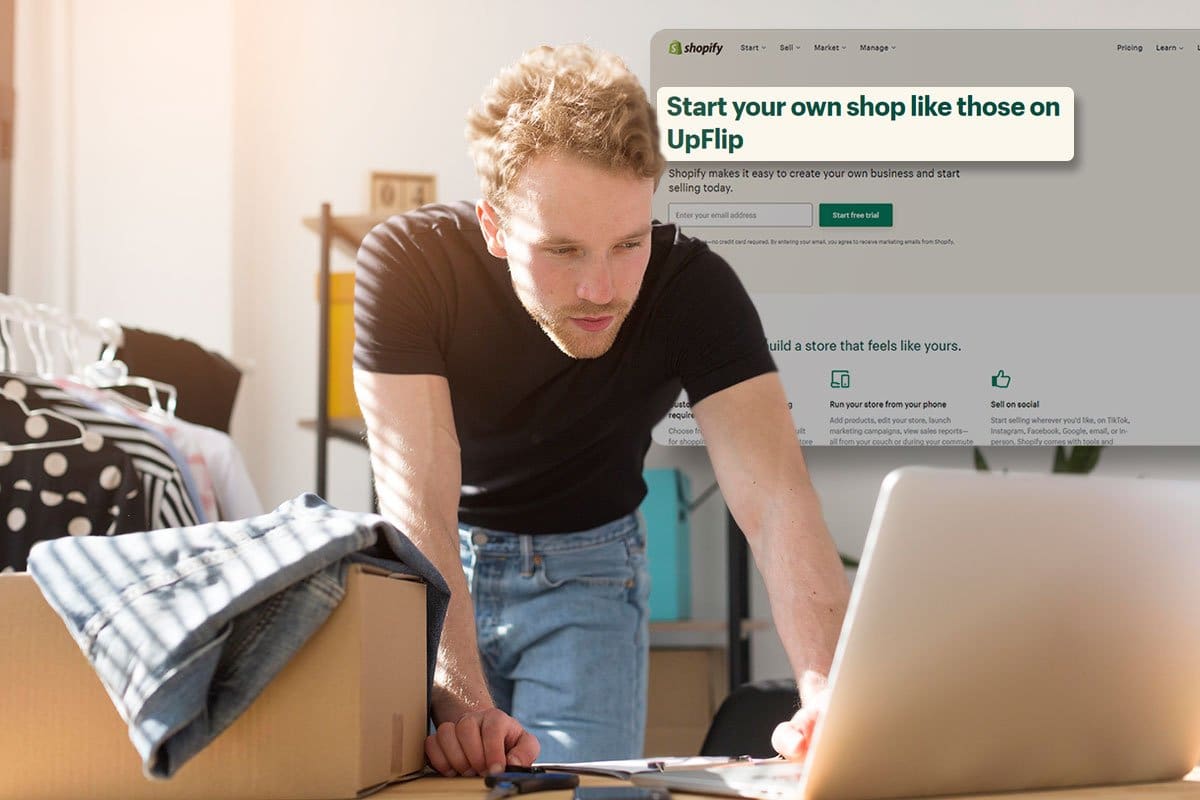 The 11 Best Print-on-Demand Companies of 2025 11 Concept of a young man business owner looking at a laptop next to a box and rack of clothing with a Shopify screenshot hovering in the background