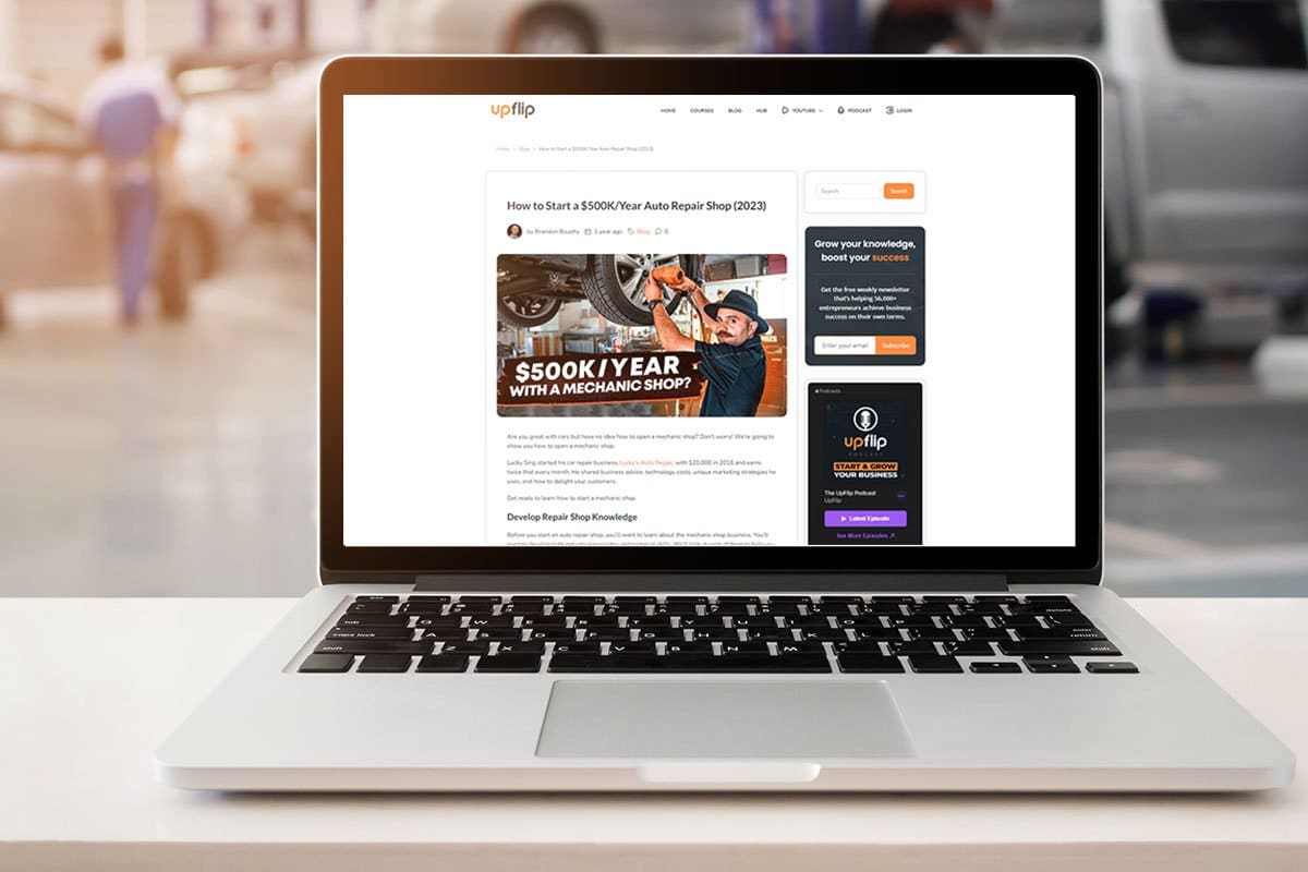 19 Best Businesses to Start in Florida 11 UpFlip’s how to start a $500K/year auto repair shop blog post on a laptop