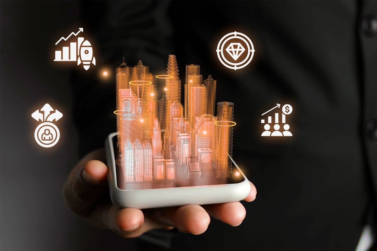 Digital Real Estate for Beginners (2025) 5 Digital real estate concept showing a holographic cityscape emerging from an upward facing smartphone surrounded by upward trending graph icons