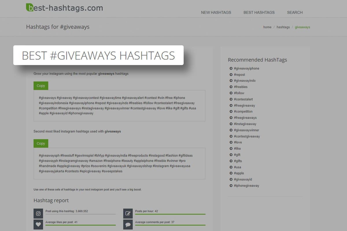 How to Grow a Podcast (2025) 10 Screenshot of best-hashtags.com’s giveaway hashtags page