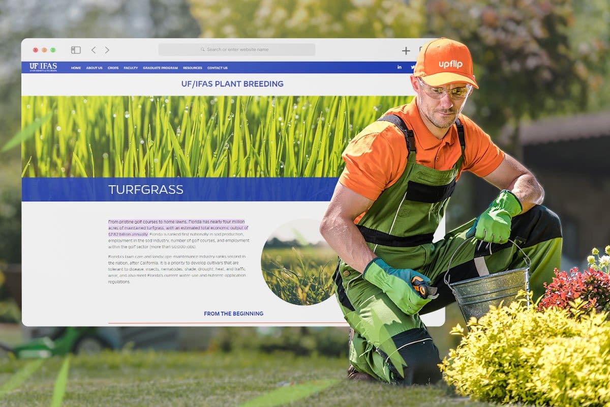 19 Best Businesses to Start in Florida 5 Lawn care specialist pruning a bush in the foreground and a University of Florida webpage on turfgrass hovering in the background