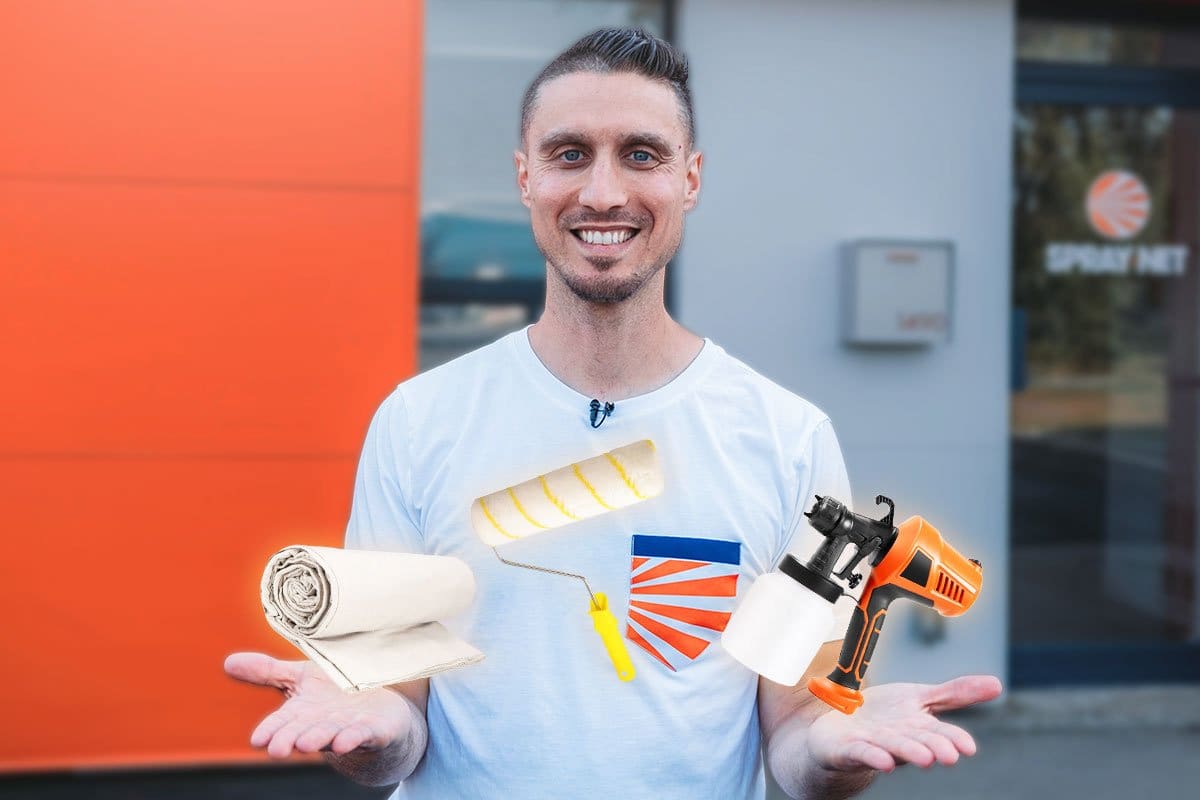 Concept of Spray-Net owner introducing essential equipment including drop cloths, paint rollers, and a powered paint sprayer that hover between his open hands