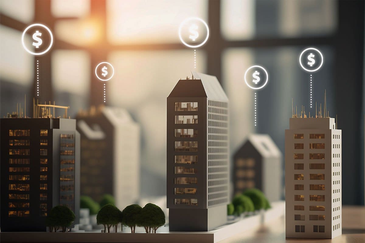 Digital Real Estate for Beginners (2025) 7 Model city with dollar sign icons hovering over the buildings