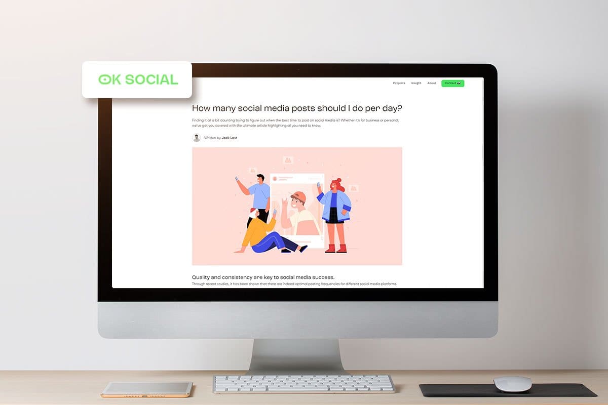 How to Grow a Podcast (2025) 14 OK Social social media posts article on a desktop computer