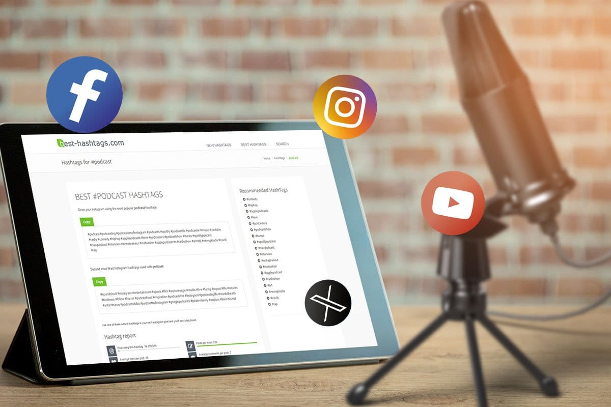 How to Grow a Podcast (2025) 9 Best-hashtags.com’s podcast hashtags page on a laptop surrounded by social media icons including Facebook, Instagram, YouTube, and X