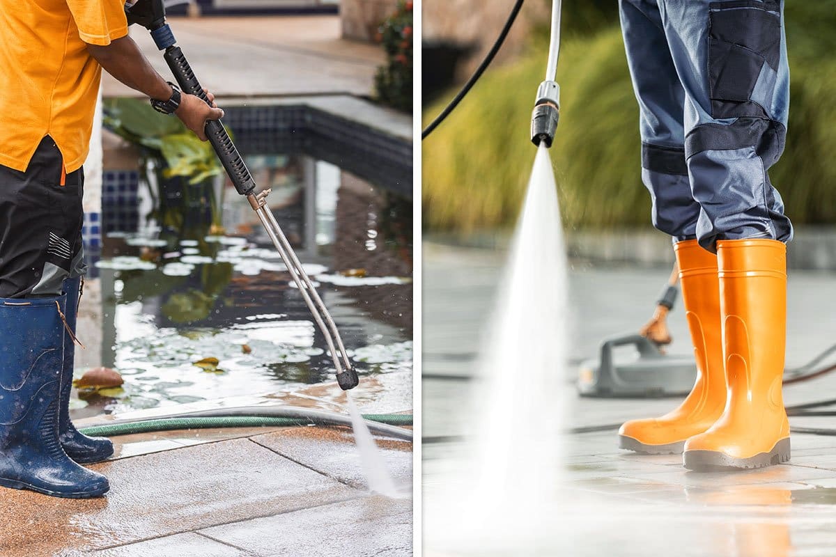 Side-by-side shot of a pressure washer and a power washer, one spraying a concrete surface and the other spraying blacktop