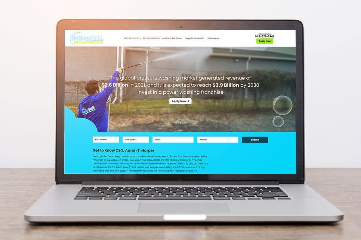 Rolling Suds webpage on a laptop