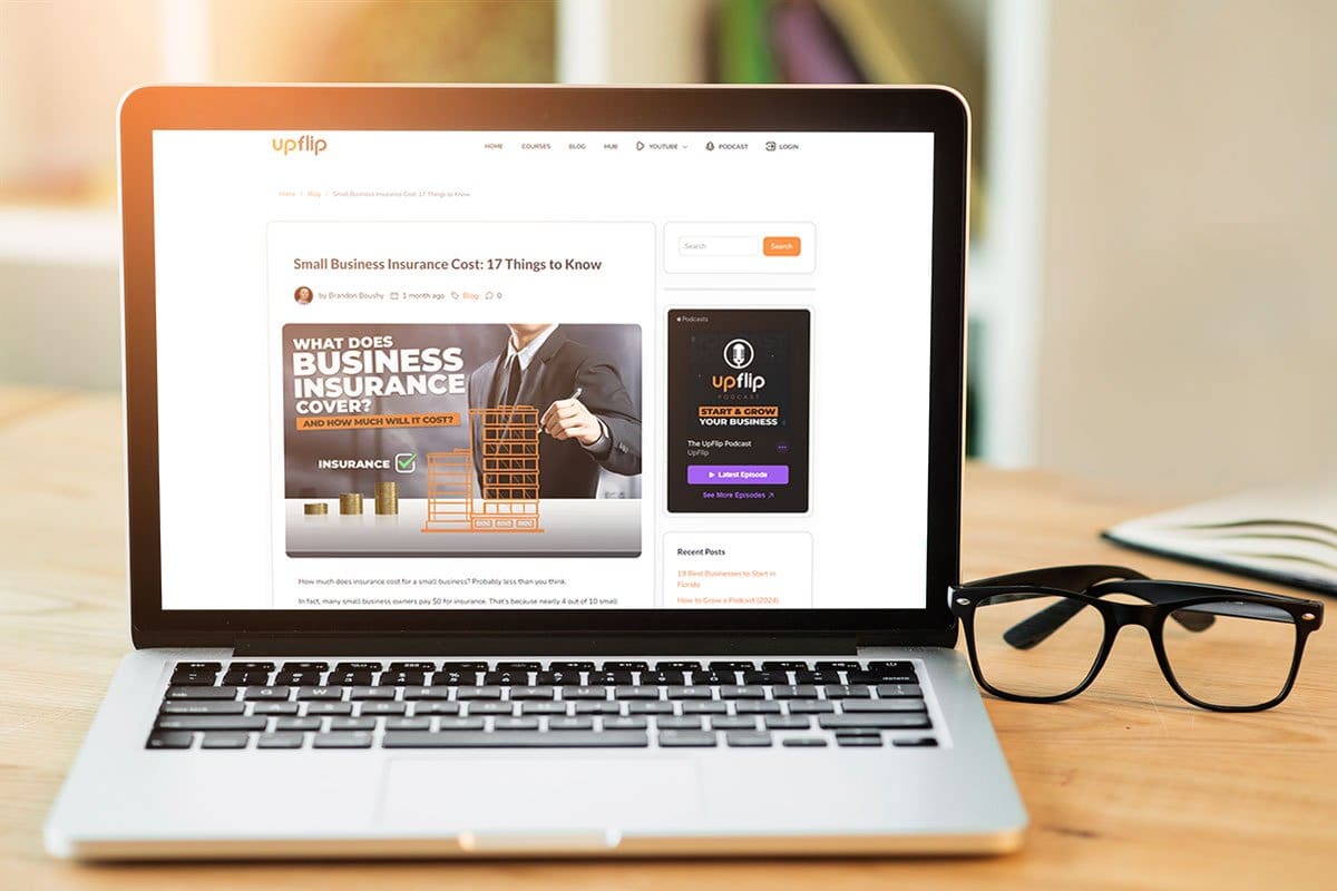 UpFlip’s business insurance article on a laptop