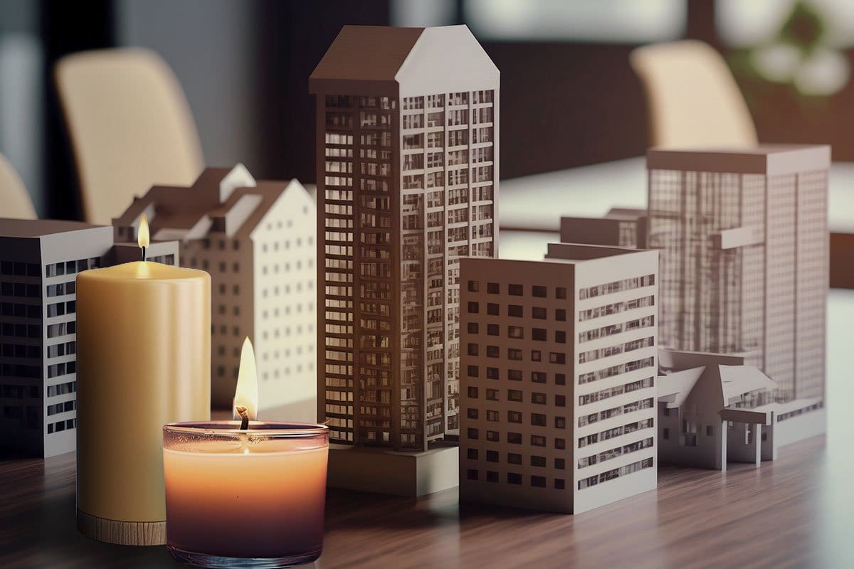 520 Candle Company Names (for 2025) 5 Two lit candles on a large table next to a model cityscape