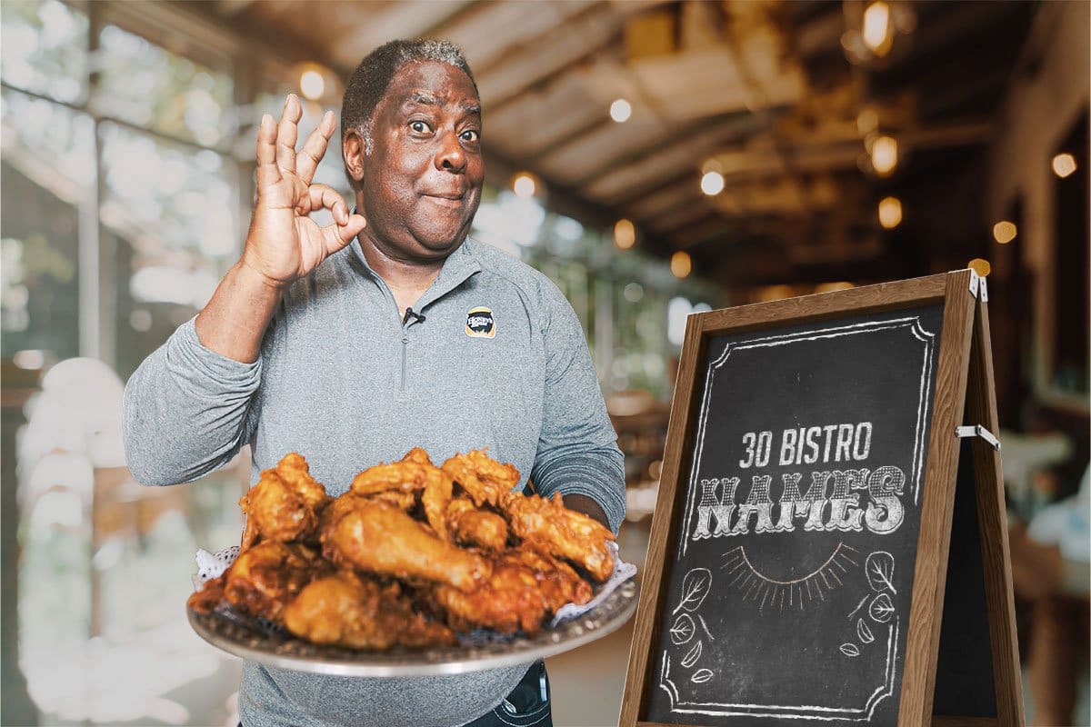 466 Restaurant Name Ideas You’ll Love (2025) 5 Restaurant owner giving the okay sign and holding a platter of fried chicken next to a chalk board sign that reads "30 Bistro Names"