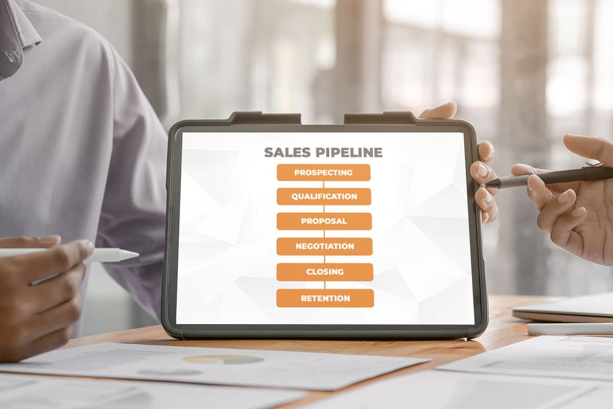 Teammates discussing the sales pipeline, shown on a tablet, during a meeting