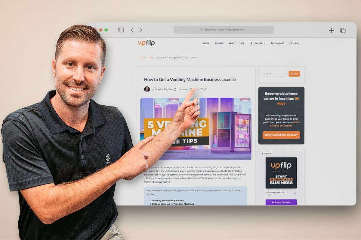 How to Start a $58K/Month Vending Machine Business 8 Adam Hill pointing to a screenshot of the UpFlip vending machine business license article