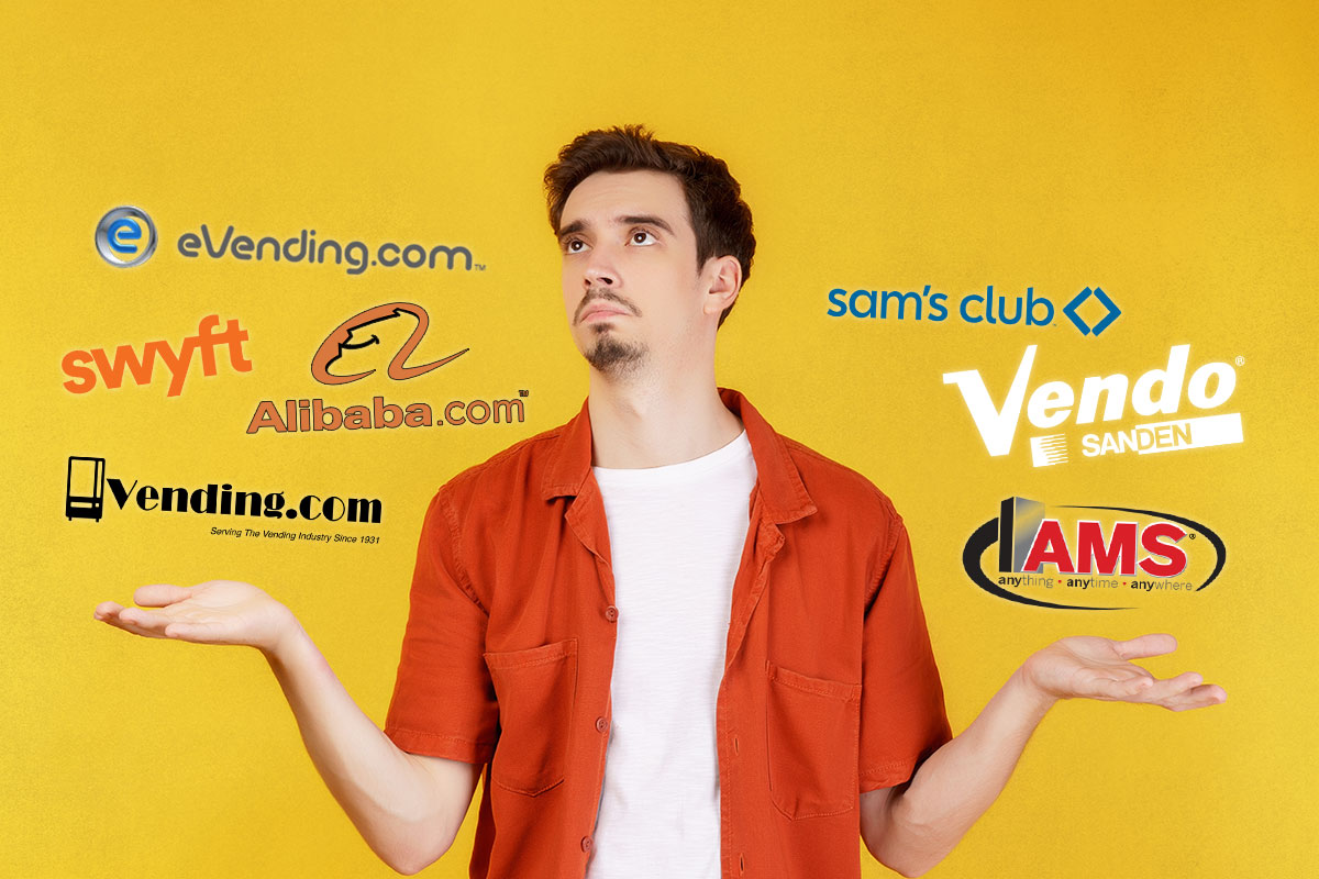 How to Start a $58K/Month Vending Machine Business 12 A man holding out both arms and gesturing to different vending supplier logos such as Sam's Club and Alibaba.com