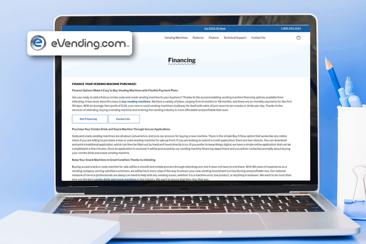 How to Start a $58K/Month Vending Machine Business 6 A laptop open to the eVending.com financing website