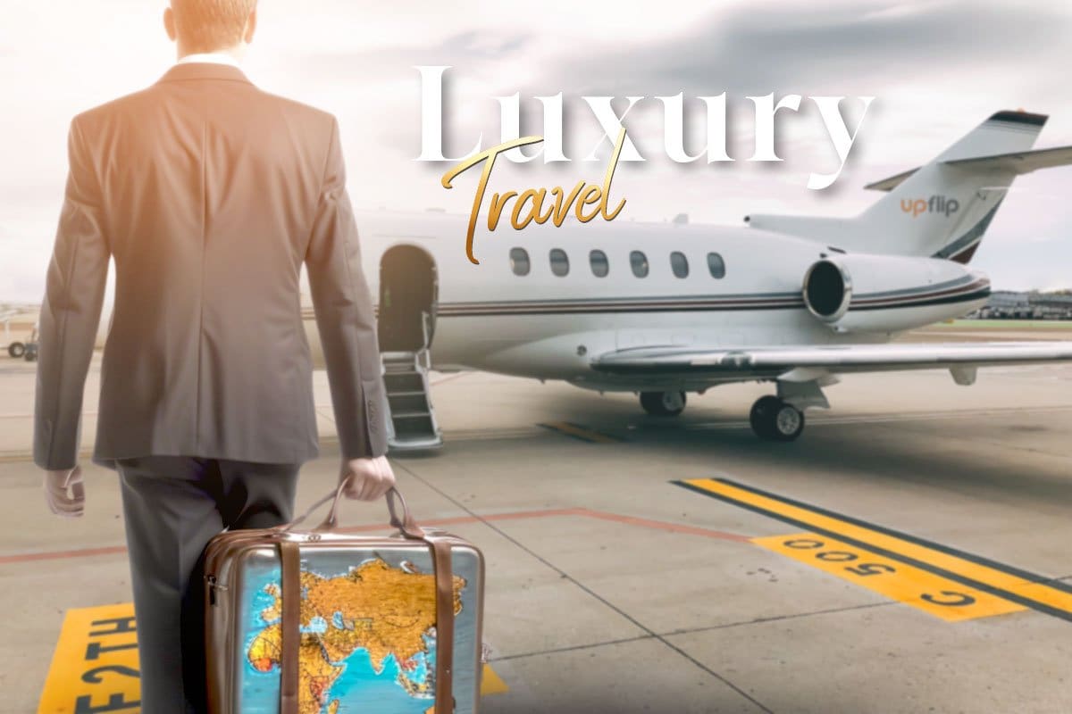 338 Eye-Catching Travel Agency Names 2 A man carrying his suitcase toward a private jet with the words "luxury travel" hovering overhead