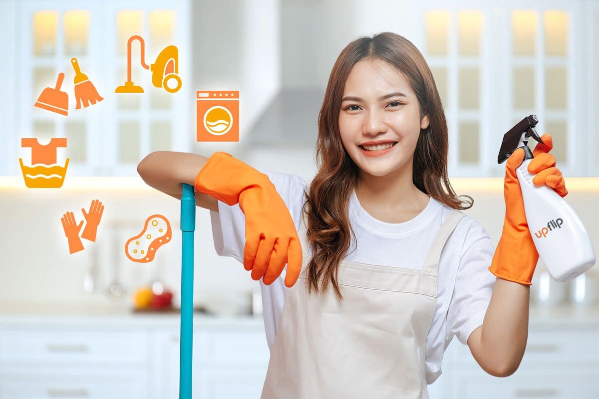 428 Cute Business Names Perfect for 2025 2 Young woman cleaning business owner holding a spray bottle and leaning on a mop handle