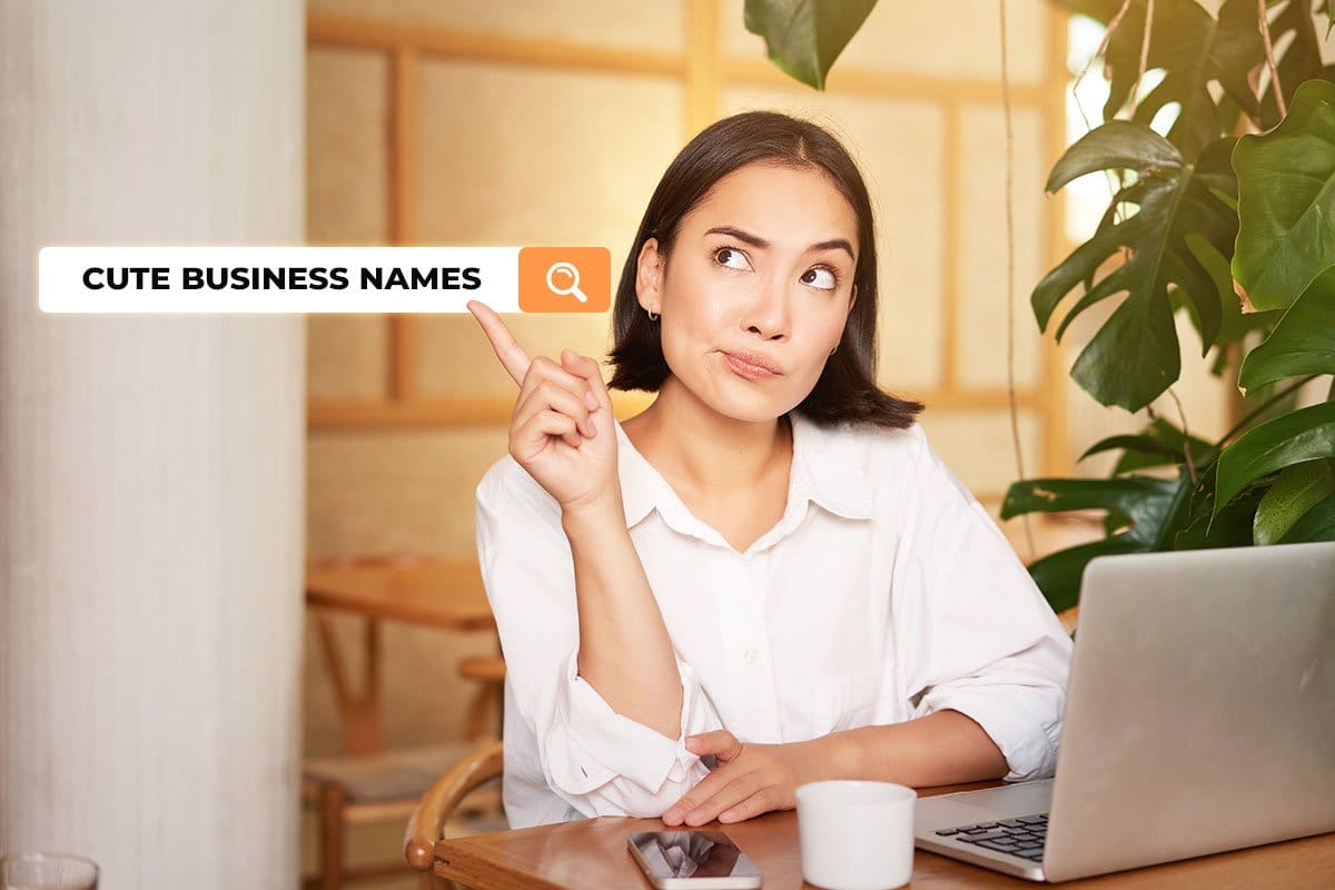 428 Cute Business Names Perfect for 2025 1 Woman at a laptop with an exaggerated thinking face searching for cute business names
