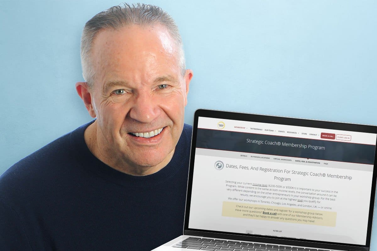 Dan Sullivan next to a laptop showing the Strategic Coach Membership Program’s dates, fees, and registration page