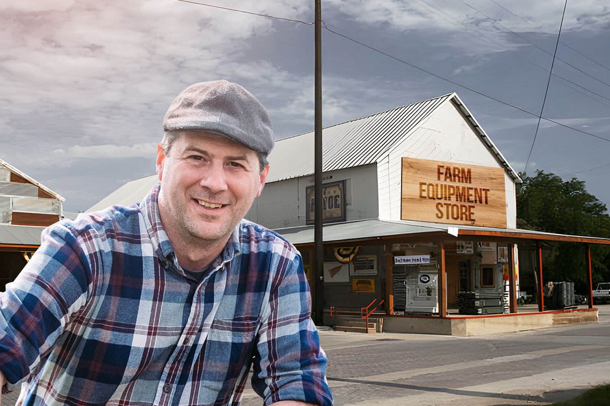 How to Start a Farm (and Make $120K/Month) in 2025 11 Farmer in front of a rustic-looking farm equipment store