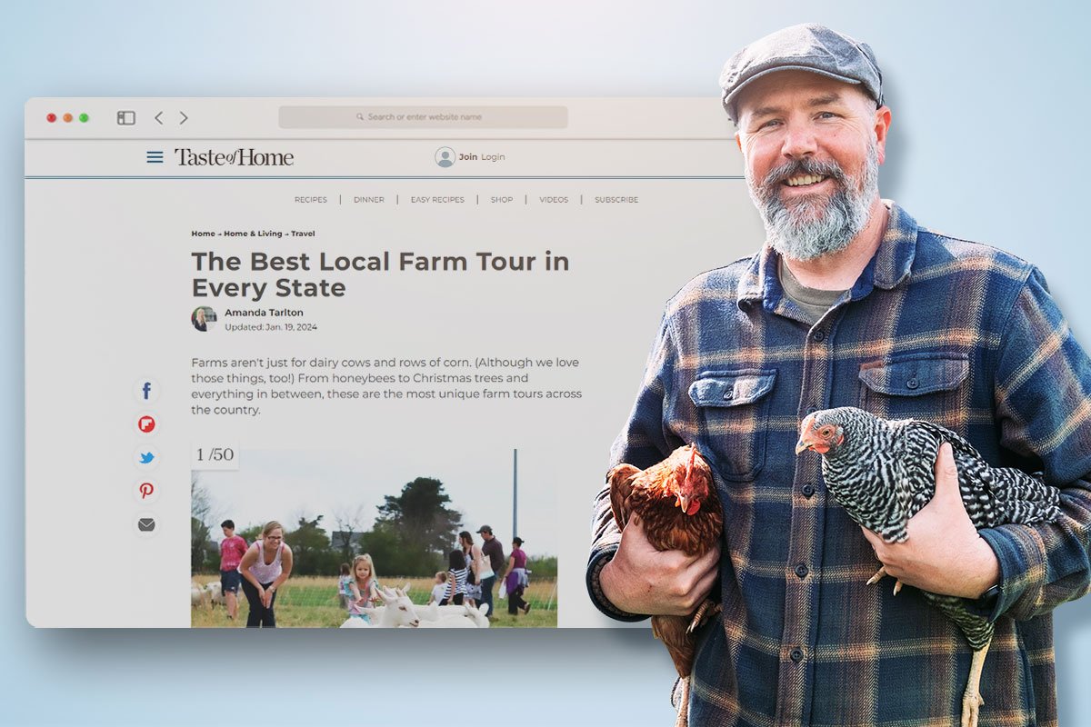 How to Start a Farm (and Make $120K/Month) in 2025 8 Farmer holding two chickens in the foreground and screenshot of Taste of Home’s Best Local Farm Tour in Every State article in the background