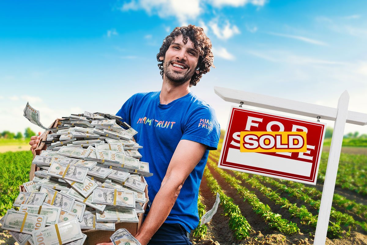 How to Start a Farm (and Make $120K/Month) in 2025 10 Farmer holding a box of hundred dollar bills in front of a field with a Sold sign planted in the ground