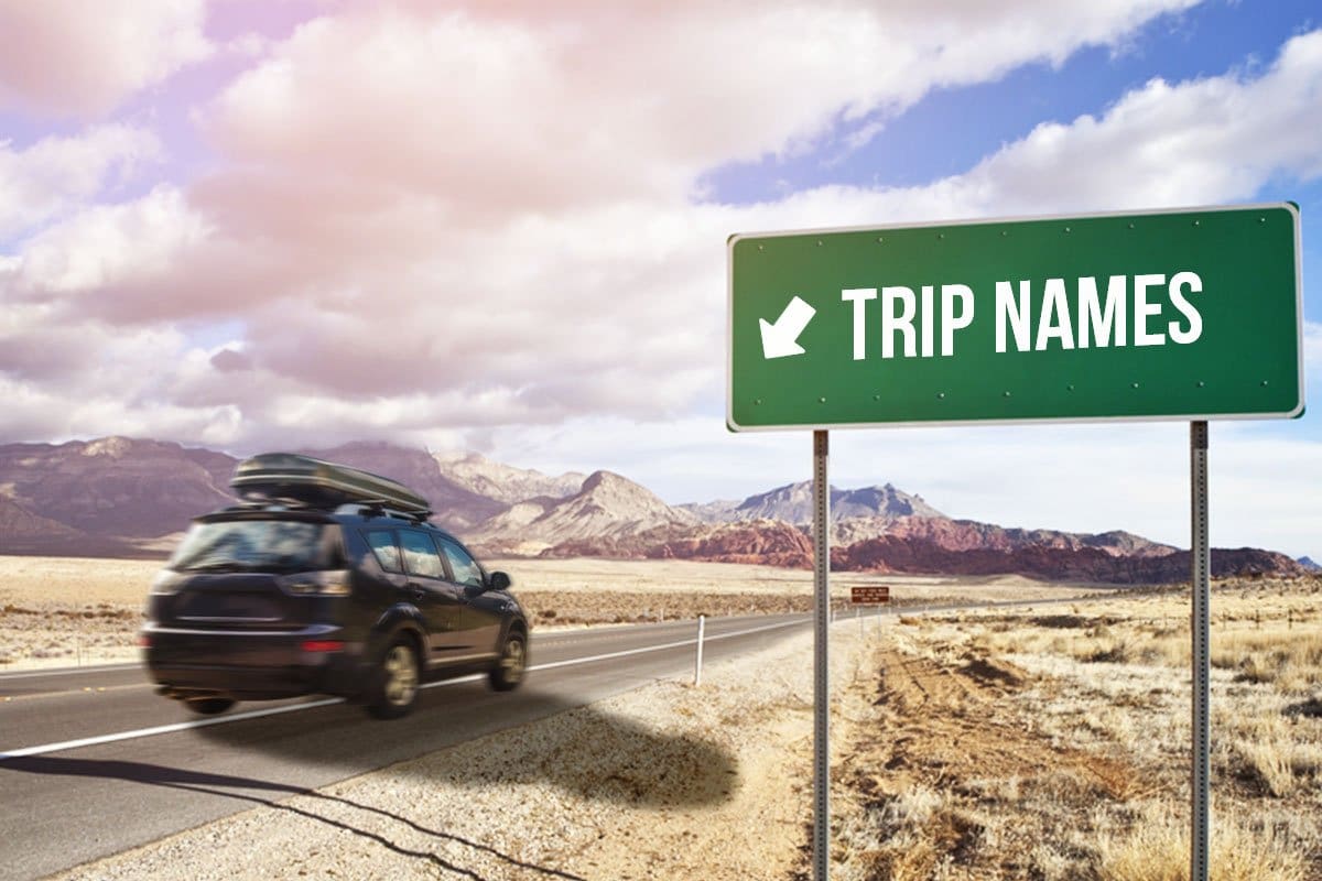 338 Eye-Catching Travel Agency Names 7 A car road tripping in the American West with a white and green road sign that reads "trip names" and has an arrow pointing toward the highway
