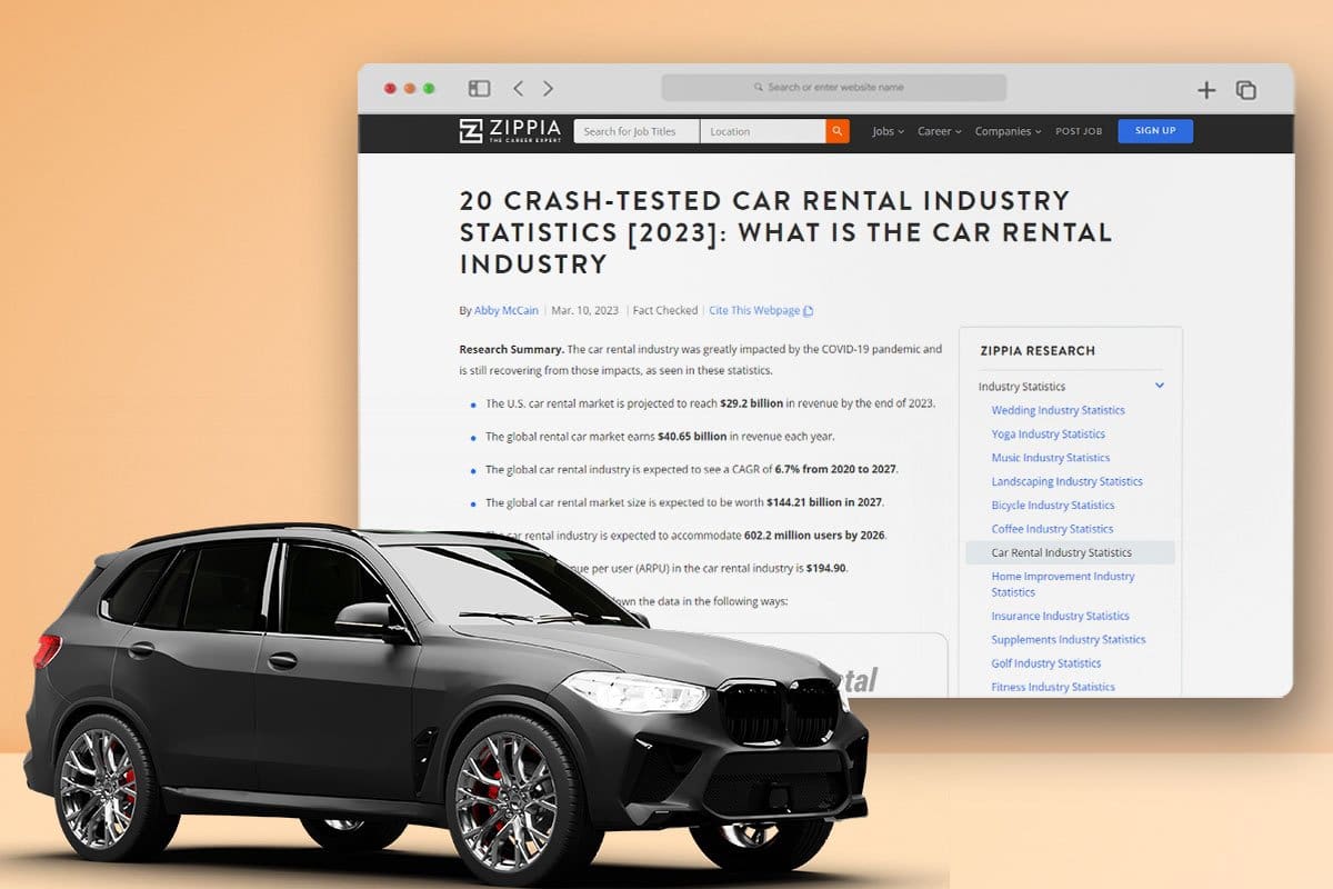 Crossover vehicle in front of a screenshot of a Zippia car rental statistics article