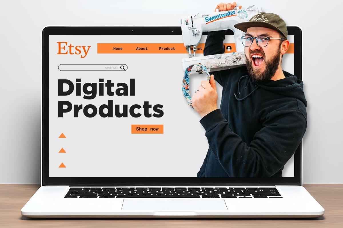 522 Etsy Shop Names You’ll Love (2025) 3 Concept of a laptop showing an Etsy digital products landing page and a dynamic image of TagPup shop owner Vlad popping out of the screen as he holds his sewing machine in one hand and a custom-made dog collar in the other