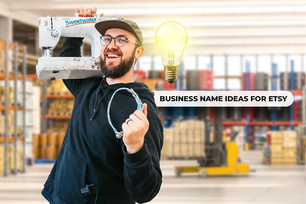 522 Etsy Shop Names You’ll Love (2025) 7 Concept of TagPup owner Vlad next to a search bar with text that reads "Business name ideas for Etsy" and a lightbulb overhead