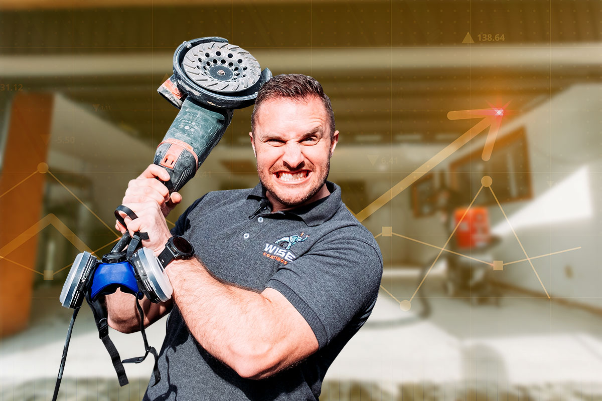 Wise Coatings owner holding a power tool in front of holographic-looking graph lines and an upward trending arrow.