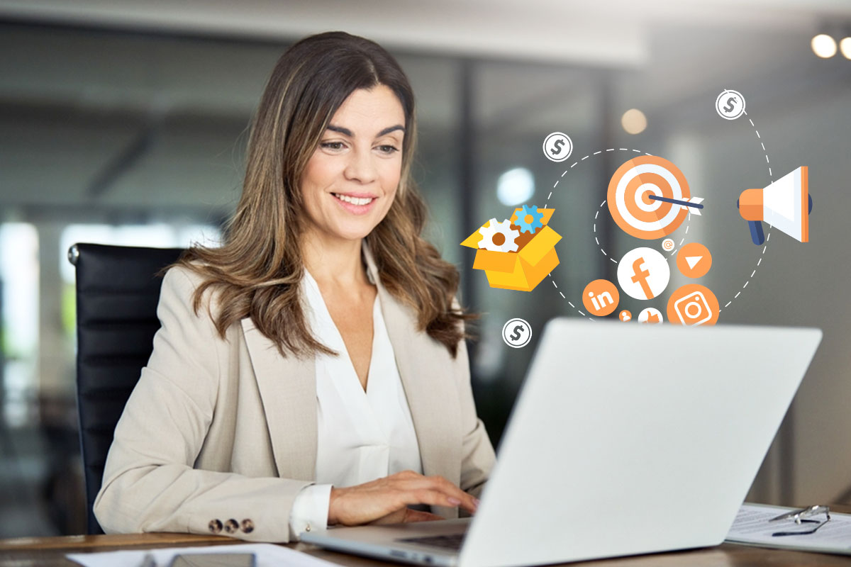 Woman working at laptop with social media icons for LinkedIn, Facebook, and Instagram hovering over it.