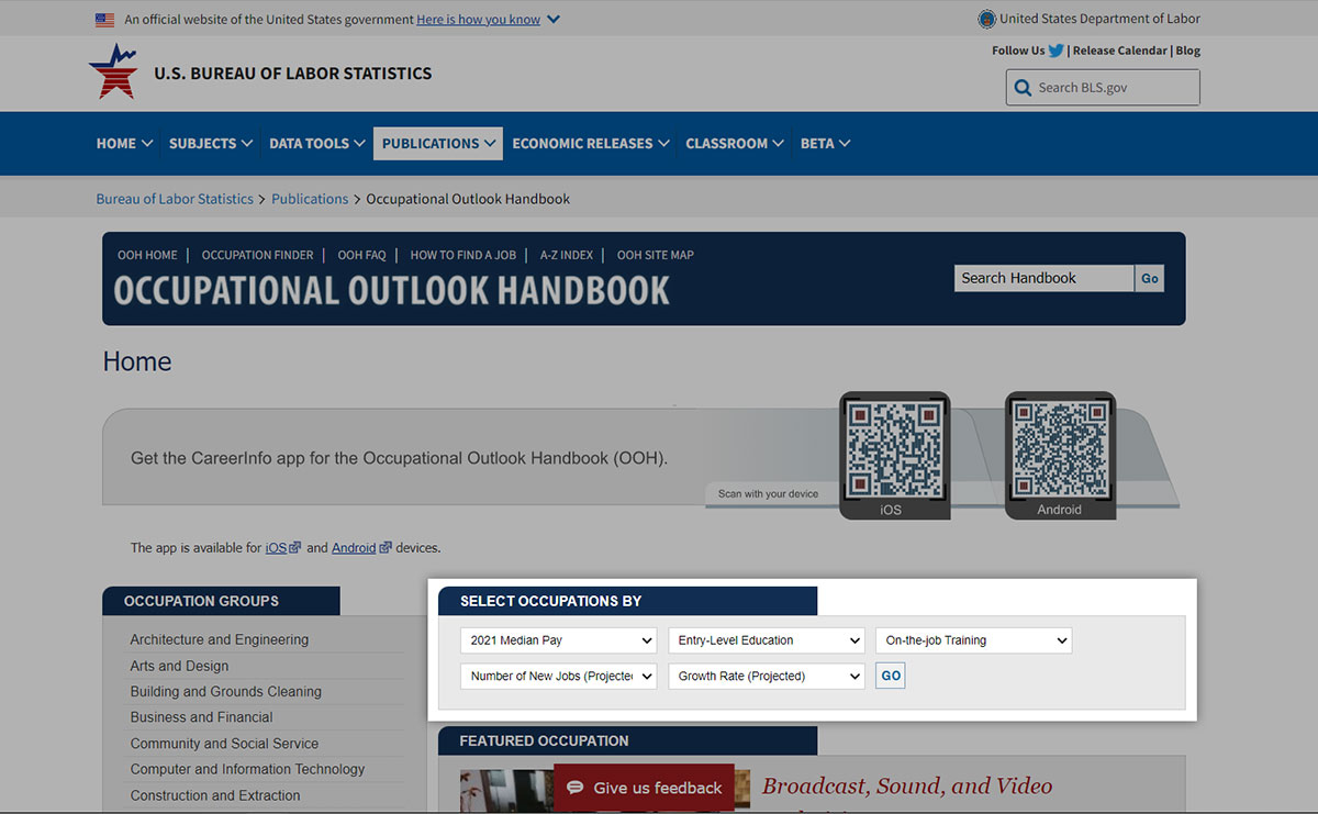 Screenshot of bls.gov website