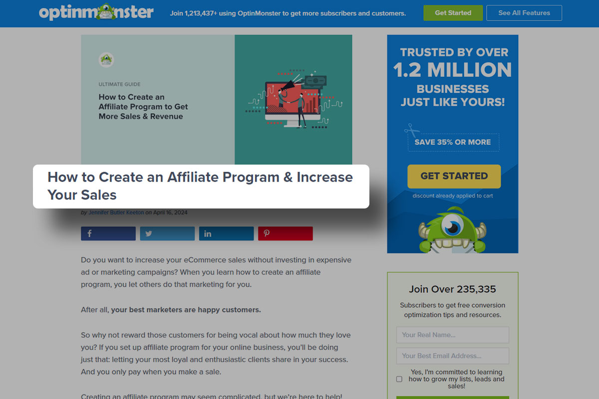 A screenshot of an OptinMonster affiliate article