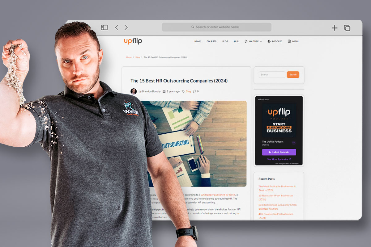 Wise Coatings owner sprinkling flakes of paint chips while standing in front of a screenshot of the UpFlip article on best HR outsourcing companies.