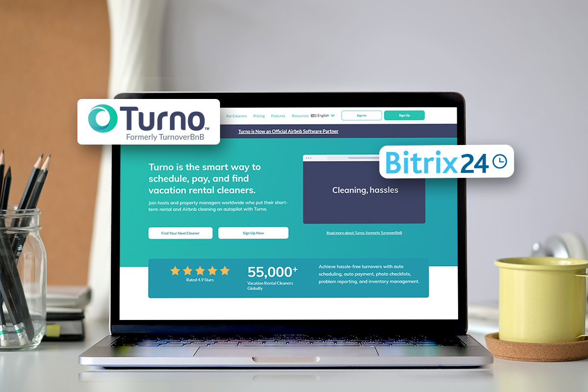 How to Start a Property Management Company (2025) 6 A Turno webpage on a laptop with the Turno and Bitrix24 logos hovering beside it