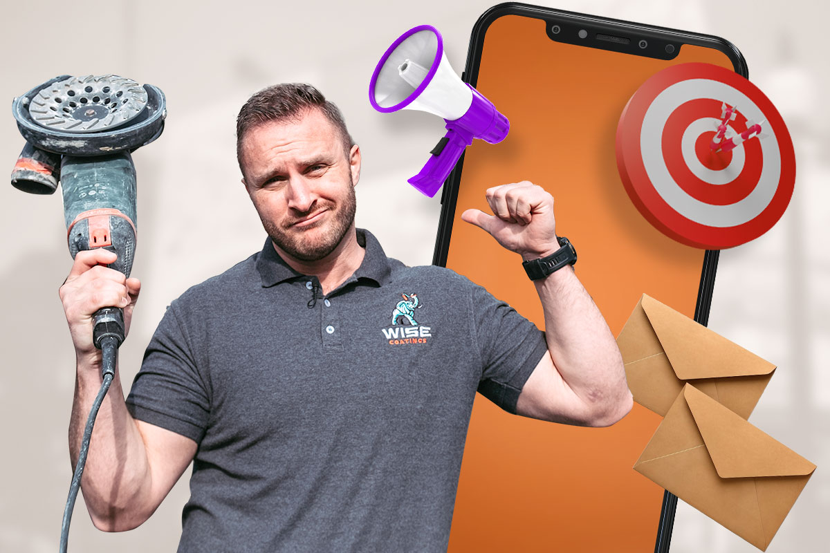 Marketing a Service Business: Ultimate Guide (2025) 10 Wise Coatings owner demoing a tool next to a smart phone with bullhorn, target, and paper mail icons