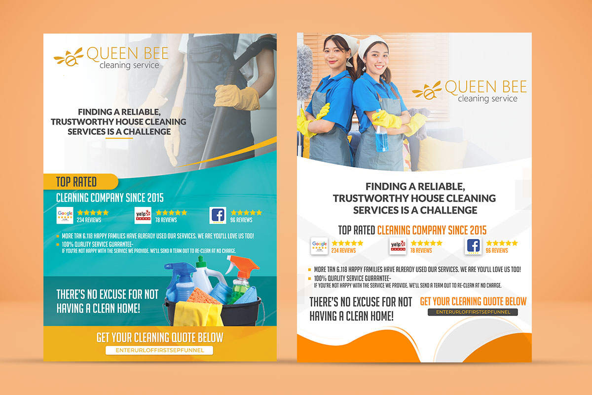17 Catchy House Cleaning Ads, Ideas, and Examples 13 Two beautifully designed Queen Bee Cleaning flyers displayed side by side on an orange background
