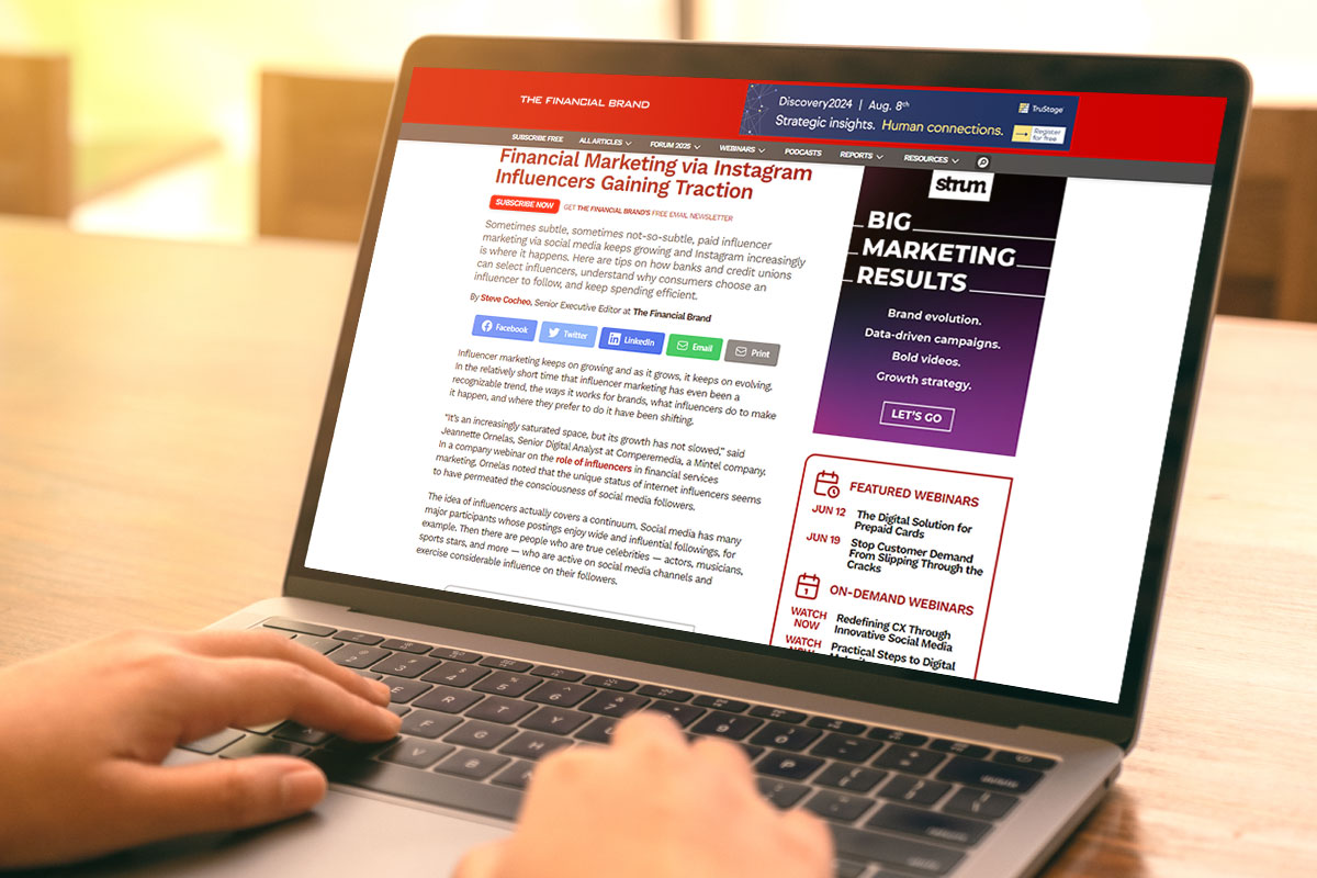 The Financial Brand’s financial marketing via Instagram article on a laptop