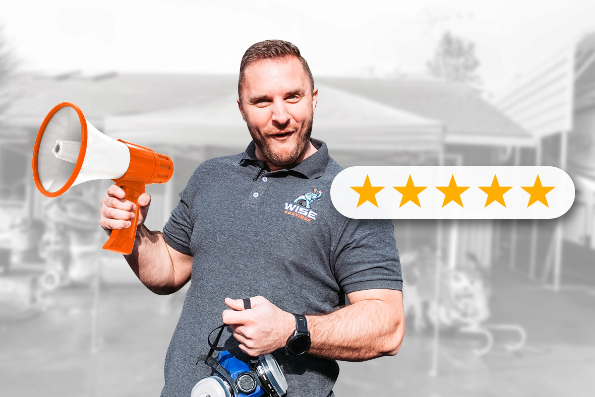 Marketing a Service Business: Ultimate Guide (2025) 2 Wise Coatings owner holding a bullhorn next to a five-star review icon