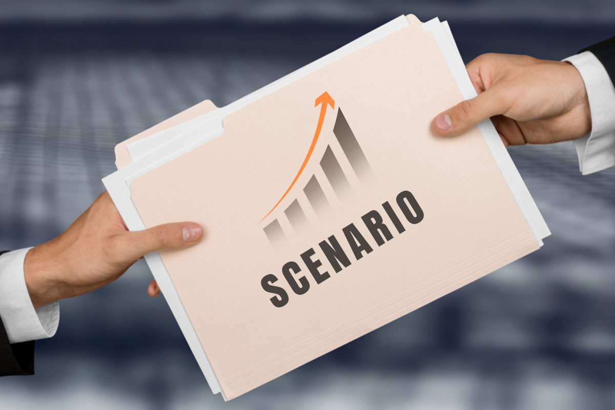 Turnkey Business: The Ultimate Guide (2025) 5 One business person handing off a file folder marked "Scenario" with an upward trending graph printed on it to another