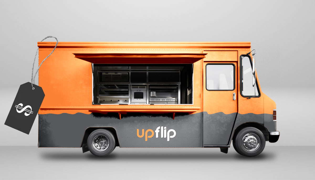 orange food truck with upflip logo and price tag